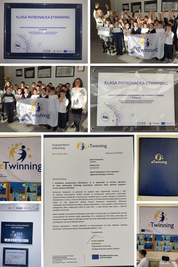 Kolaż zdjęć przedstawiający klasę 3a - klasę Patronacką eTwinning -  pozującą do zdjęcia z wychowawczynią klasy. Kilka zdjęć przedstawia flagę eTwinningu, pamiątkową tabliczkę ścienna oraz list gratulacyjny skierowany do Pani Dyrektor Beaty Tomaszczuk i koordynatorki klasy patronackiej.