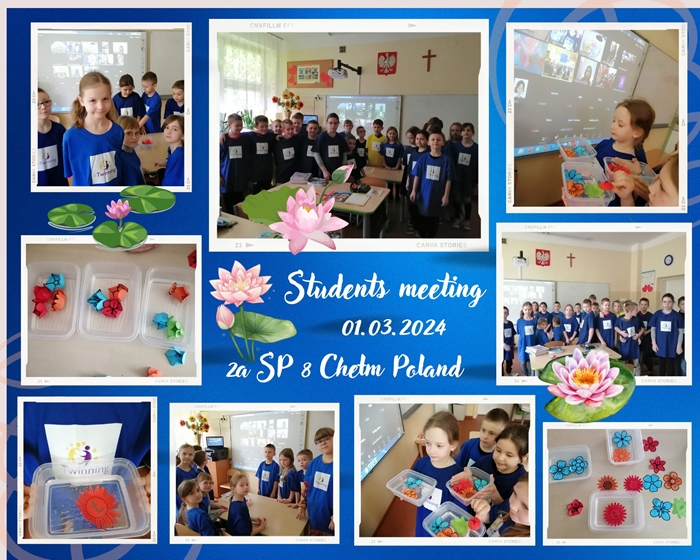 Uczniowie podczas spotkania partnerów projektu eTwinning BioKids. Kwiaty z papieru wykonane przez uczestników projektu.