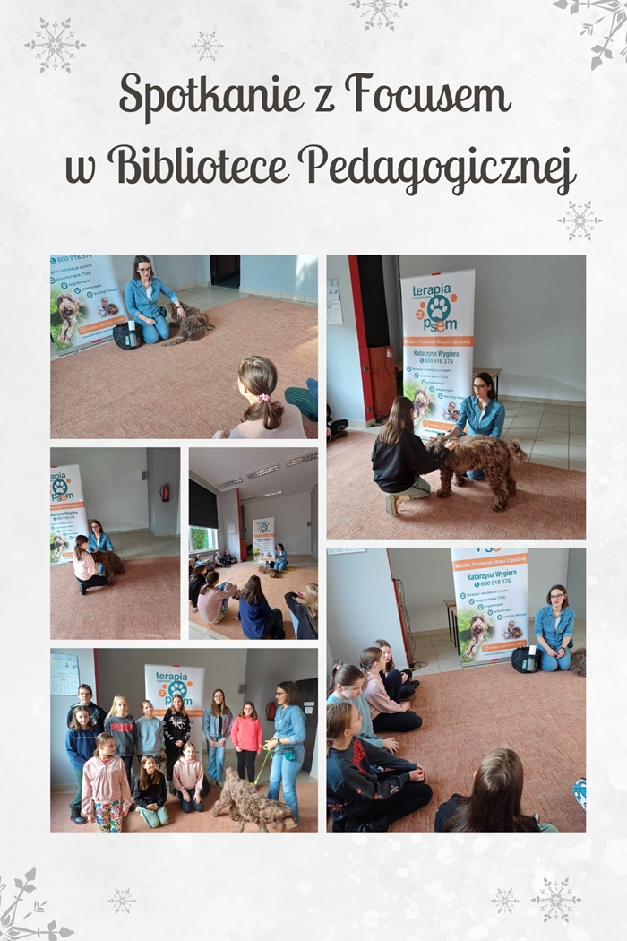 Kolaż zdjęć uczniów podczas zajęć w Bibliotece Pedagogicznej w Chełmie.