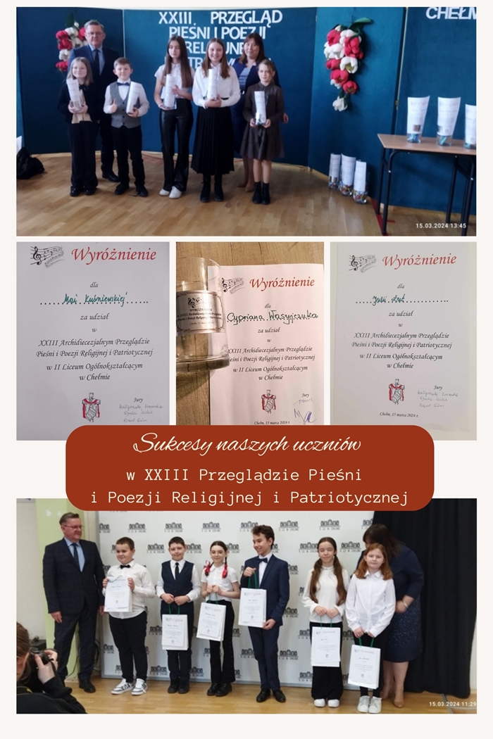 Relacja fotograficzna z  XXIII Przeglądu Pieśni i Poezji Religijnej i Patriotycznej, na zdjęciach laureaci konkursu oraz otrzymane przez nich dyplomy.