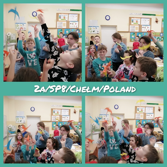 Kolaż zdjęć przedstawiających uczniów podczas prezentowania swoich prac  w ramach międzynarodowego projektu eTwinning BioKids.   