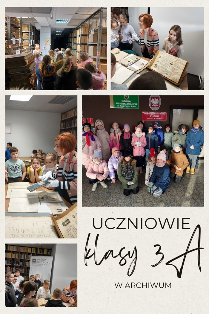 Uczniowie klasy 3a podczas zajęć edukacyjnych w archiwum.