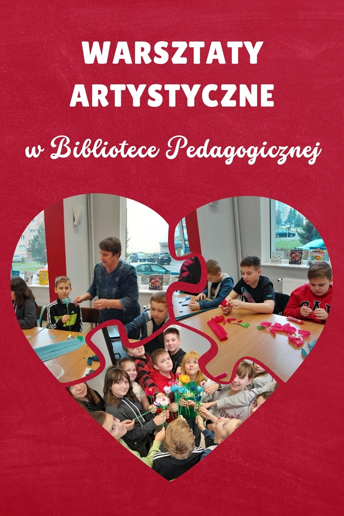 Zdjęcia przedstawiające uczniów podczas wykonywania kwiatów w ramach warsztatów artystycznych  z okazji Dnia Kobiet w Bibliotece Pedagogicznej.