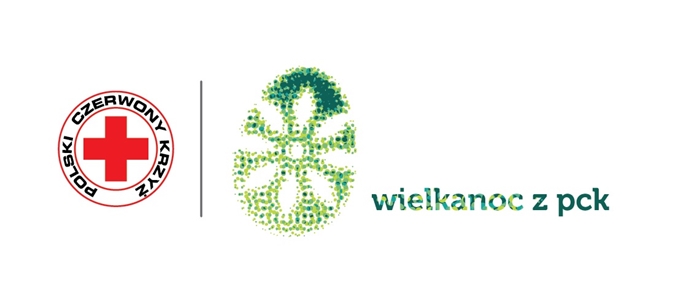 Dwie grafiki jedna przedstawiająca symbol polskiego czerwonego krzyża a druga to pisanka z podpisem „Wielkanoc z PCK” 