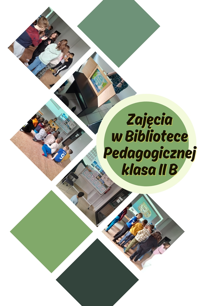 Zdjęcia przedstawiające uczniów klasy II b podczas zajęć ekologicznych w Bibliotece Pedagogicznej w Chełmie.