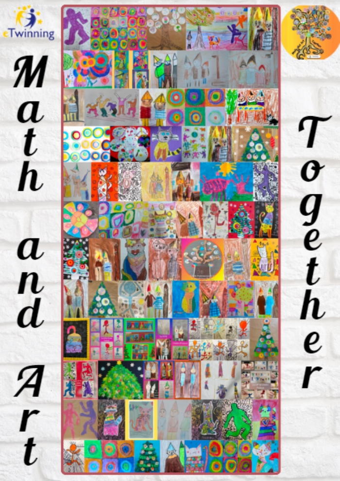 Plakat złożony z prac plastycznych uczniów wykonanych podczas  projektu eTwinning Math and Art Together.