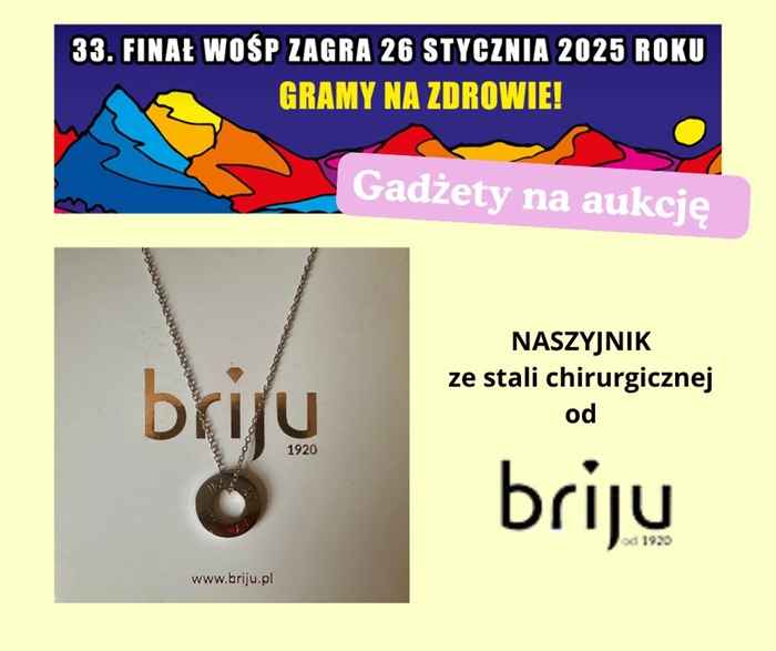 Finał WOŚP 26 stycznia 2025 w naszej szkole. Następnym kosztowny gadżetem na aukcję okazał się naszyjnik ze stali chirurgicznej od firmy Briju.