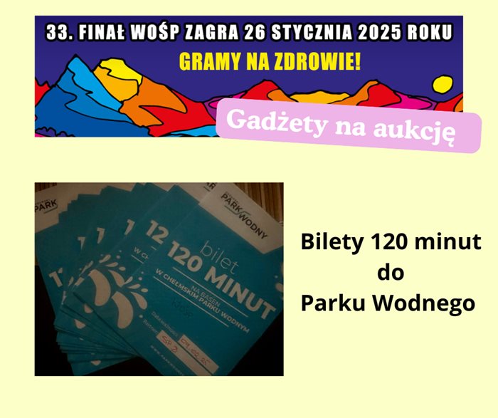Finał WOŚP 26 stycznia 2025 w naszej szkole. Chełmski Park Wodny przekazał na aukcję dwugodzinne bilety na basen. 
