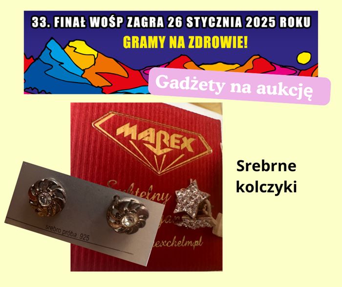Finał WOŚP 26 stycznia 2025 w naszej szkole. Firma Marex ofiarowała na ten szczytny cel piękne, srebrne kolczyki (widoczne na zdjęciu ).