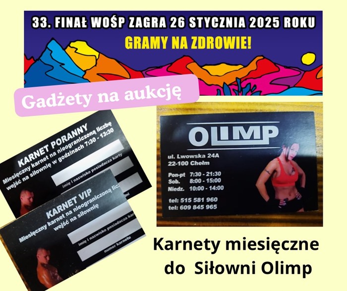 Finał WOŚP 26 stycznia 2025 w naszej szkole. Kolejnym cennym gadżetem na aukcję okazały się karnety na siłownię zasponsorowane przez firmę Olimp.