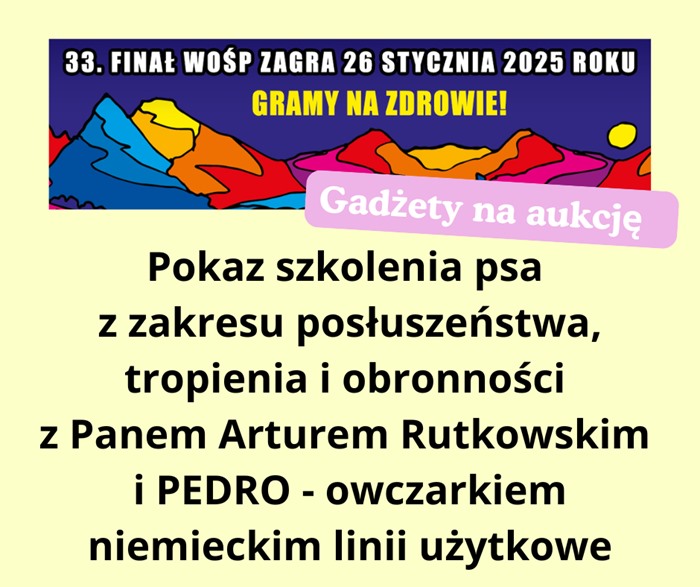 Finał WOŚP 26 stycznia 2025 w naszej szkole. Gadżetem w aukcji jest pokaz szkolenia psa z zakresu posłuszeństwa, tropienia i obronności z Panem Arturem Rutkowskim i PEDRO – owczarkiem niemieckim.