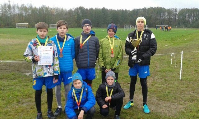 Zdjęcie przedstawia grupę siedmiu chłopców w strojach sportowych. Wszyscy są odznaczeni medalami. Dwóch zawodników trzyma dodatkowo puchar i dyplom uznania. W tle boisko piłkarskie. 