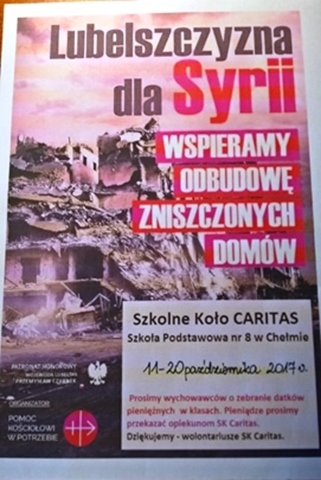 Plakat z apelem o pomoc dla Syrii zrujnowanej wojną.