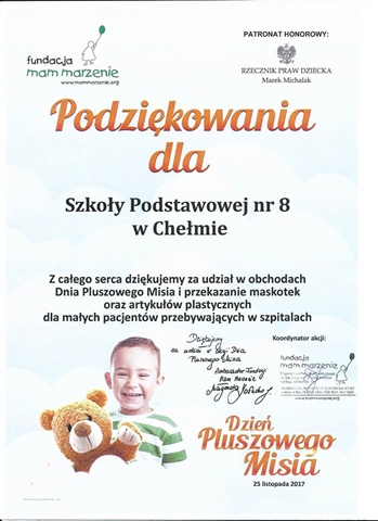 Podziękowanie dla szkoły za udział w obchodach Dnia Pluszowego Misia.