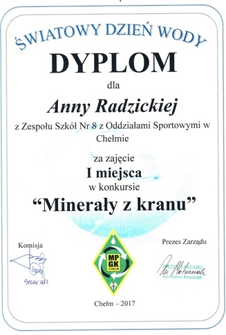 Dyplom dla uczennicy za zajęcie pierwszego miejsca w konkursie plastycznym “Minerały z wody”.