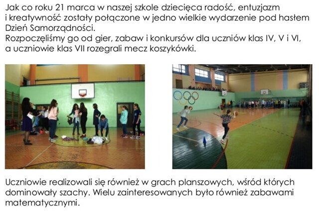 Dwa zdjęcia z ujęciami w sali gimnastycznej, na pierwszym -  nauczyciel stoi przed grupą uczniów, którzy kładą plecaki na podłogę. Drugie zdjęcie przedstawia dwie uczennice kozłujące piłkę do gry w koszykówkę.