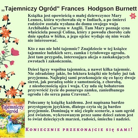 Recenzja zachęcająca do przeczytania książki  „Tajemniczy ogród”.