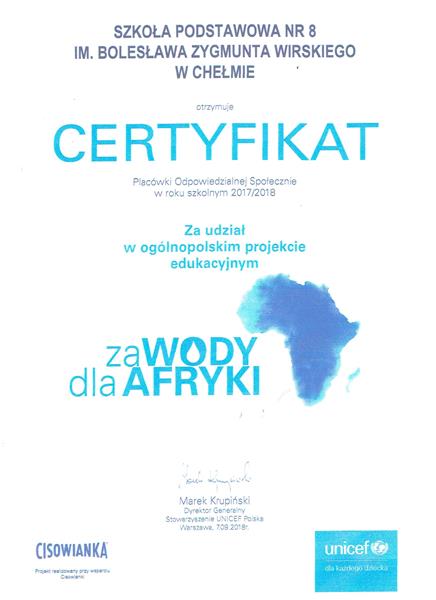 Certyfikat od UNICEF Polska