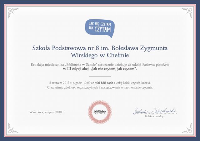 Podziękowanie dla SP nr 8 w Chełmie za udział w  III edycji akcji "Jak nie czytam, jak czytam’’.