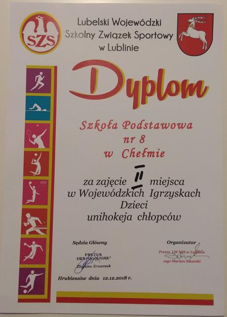 Zdjęcie przedstawia dyplom dla Szkoły Podstawowej nr 8 im. Bolesława Zygmunta Wirskiego w Chełmie za zajęcie II miejsca w Wojewódzkich Igrzyskach Dzieci unihokeja chłopców.