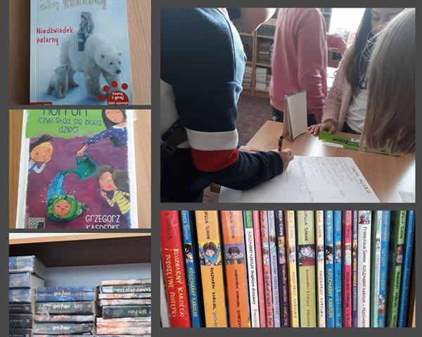 Kolaż pięciu zdjęć, przedstawiający fragment księgozbioru biblioteki oraz uczniów, którzy na białej kartce wpisują tytuł swojej ulubionej książki.
