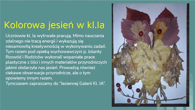 Sowa wykonana z liści przez uczniów klasy 1a.