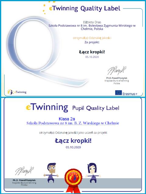 Certyfikaty - odznaki jakości  dla klasy 2 a i pani Elżbiet Dras potwierdzające udział w projekcie eTwinning.