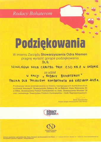 Podziękowania od Zarządu Stowarzyszenia Odra Niemen dla Szkolnego Koła Caritas.