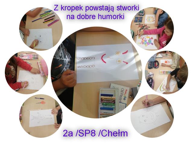 Kolaż zdjęć przedstawiających prace uczniów, na których łączą oni kropki w różne postacie.