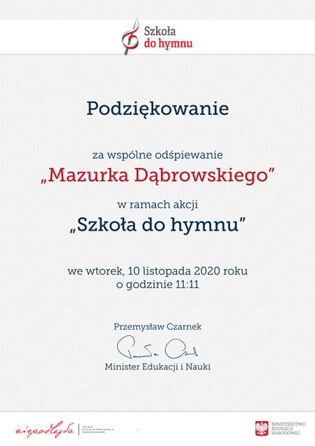 Podziękowanie dla Szkoły Podstawowej nr 8 w Chełmie za udział w akcji “Szkoła do hymnu”.