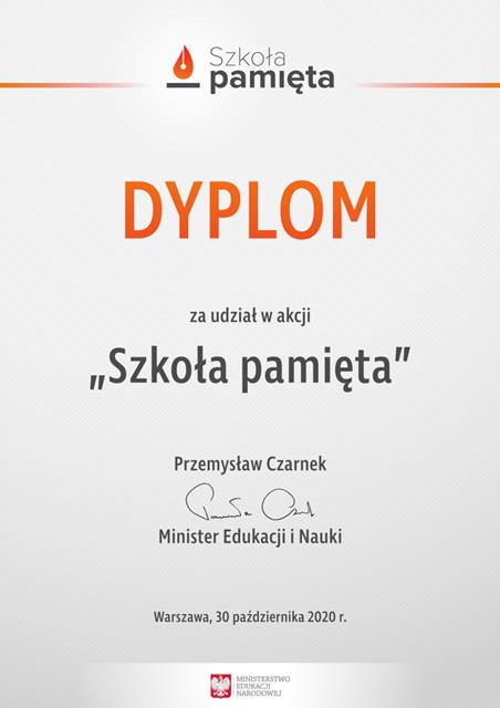 Dyplom za udział Szkoły Podstawowej nr 8 w akcji “Szkoła pamięta”.