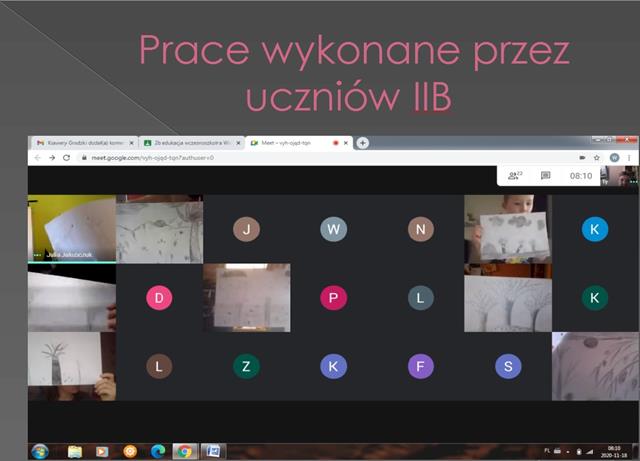 Zrzut ekranu przedstawiający uczniów klasy 2b podczas pracy zdalnej na lekcji.