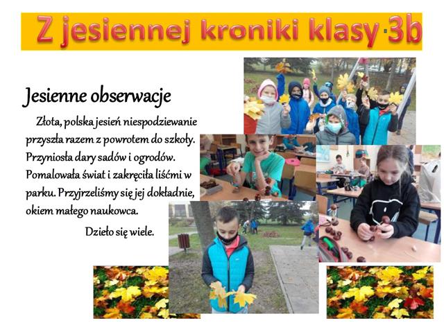 Uczniowie klasy 3b podczas obserwacji jesiennej przyrody.