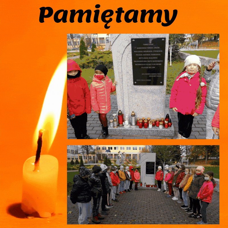 Dwa zdjęcia przedstawiające dzieci przy pomniku Stalag 319. Ujęcia opatrzone napisem „Pamiętamy” i płonącą świeczką.