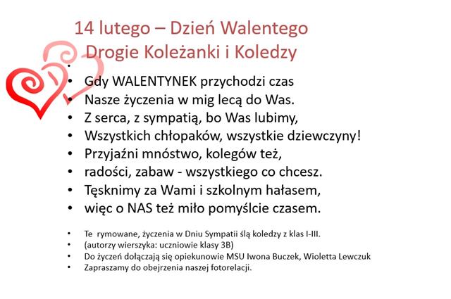 Informacja na temat akcji walentynkowej Małego Samorządu Uczniowskiego. W lewym rogu rysunki serc.