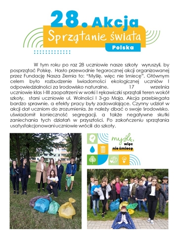 Zdjęcia przedstawia grupę uczniów uczestniczących w zbiórce śmieci. Przed uczniami worki z zebranymi odpadami