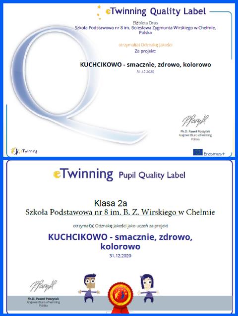 Certyfikaty potwierdzające udział klasy 2 a w projekcie eTwinning  pt. ,,Kuchcikowo - smacznie, zdrowo, kolorowo’’