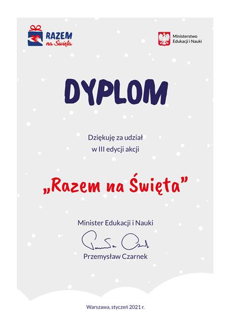 Zdjęcie dyplomu - podziękowanie za udział w III edycji akcji ,,Razem na Święta’’.