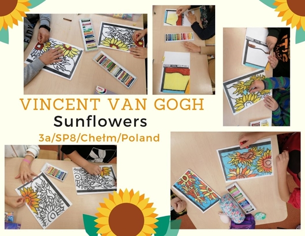 Kolaż zdjęć przedstawiających prace uczniów- kolorowanki słoneczników oraz napis Vincent van Gogh Sunflowers.