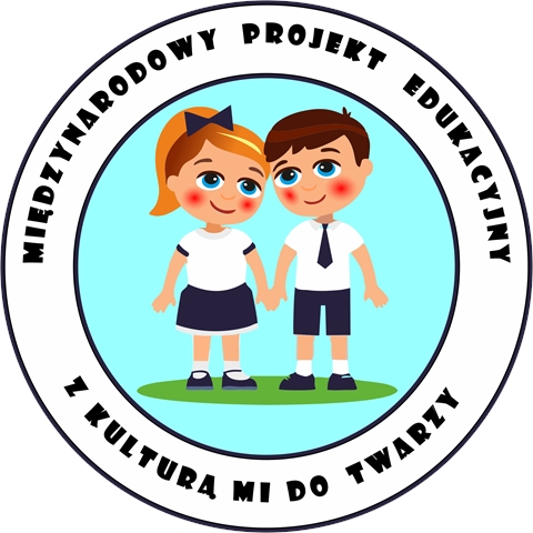 Logo międzynarodowego projektu “Z kulturą mi do twarzy”. Obrazek dziewczynki i chłopca w strojach galowych.