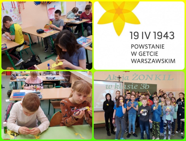 Kolaż zdjęć przedstawia dzieci wykonujące żonkile z żółtego papieru. Na jednym z ujęć dzieci stoją w grupie i trzymają w rękach przygotowane przez siebie żonkile.
