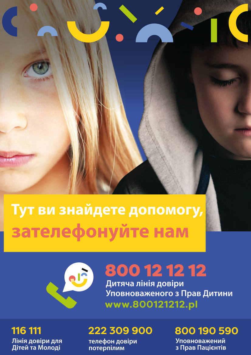 Plakat przedstawiający twarze dwóch dziewczynek w dużym przybliżeniu. Na dole plakatu numery telefonu zaufania do Rzecznika Praw Dziecka oraz napisy w języku ukraińskim.