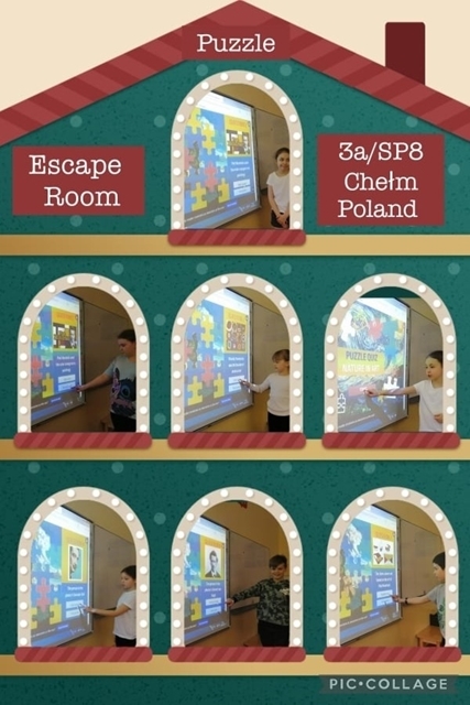 Kolaż zdjęć przedstawiających dzieci przy tablicy interaktywnej, na której znajdują się zagadki z puzzlami.