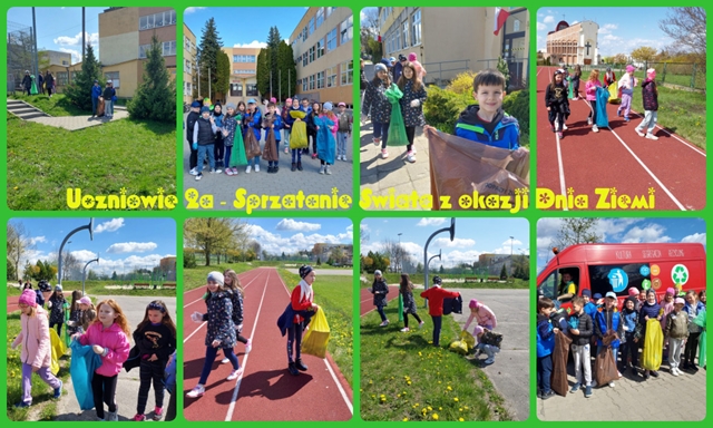 Kolaż zdjęć przedstawiający uczniów w trakcie akcji Sprzątania Świata z okazji Dnia Ziemi.