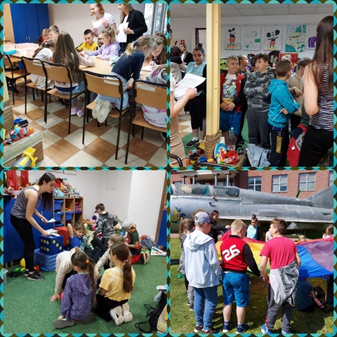 Kolaż zdjęć przedstawiający dzieci podczas warsztatów czytelniczych w PWSZ w Chełmie.
