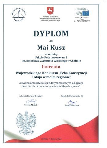 Dyplom Mai Kusz – laureatki Wojewódzkiego Konkursu „Echa Konstytucji 3 Maja w moim regionie”.
