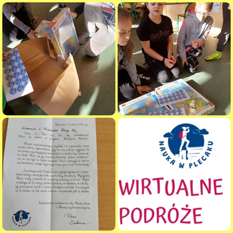 Logo projektu „Wirtualne podróże” oraz zdjęcia dzieci z otrzymaną nagrodą.
