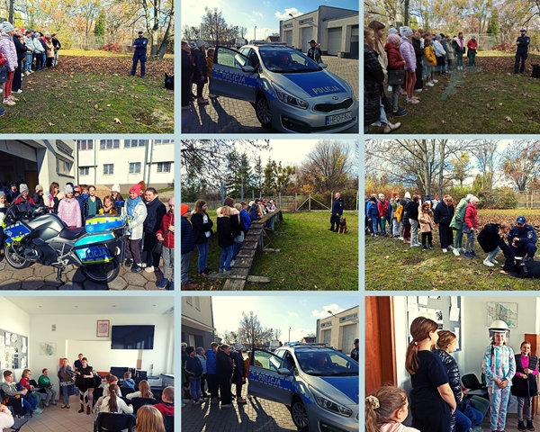 Zdjęcia ukazują spotkanie uczniów z funkcjonariuszami Miejskiej Komendy Policji. Fotografie przedstawiają różne sytuacje ćwiczeniowe oraz momenty zapoznania się ze sprzętem policyjnym.