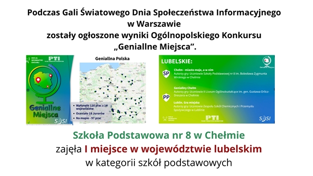 Zdjęcie informuje  o tym, że Szkoła Podstawowa nr 8 w Chełmie zajęła I miejsce w województwie lubelskim w Ogólnopolskim Konkursie „Geniallne Miejsca”.
