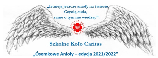 Zdjęcie przedstawiające animacyjny rysunek rozwiniętych skrzydeł oraz podpis ,,Szkolne Koło Caritas’’.